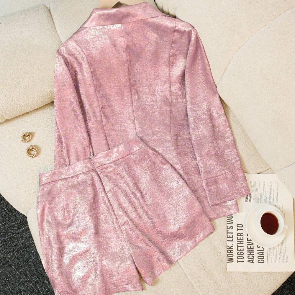 Pink Casual Women's Shorts & Blazer Two Piece Suit - Picture 2 of 5
